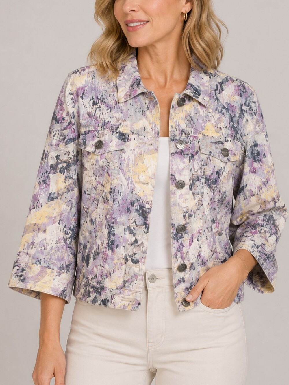 CHICO'S | Women's Purple Yellow Abstract Print Denim Jacket Size 1 M/L